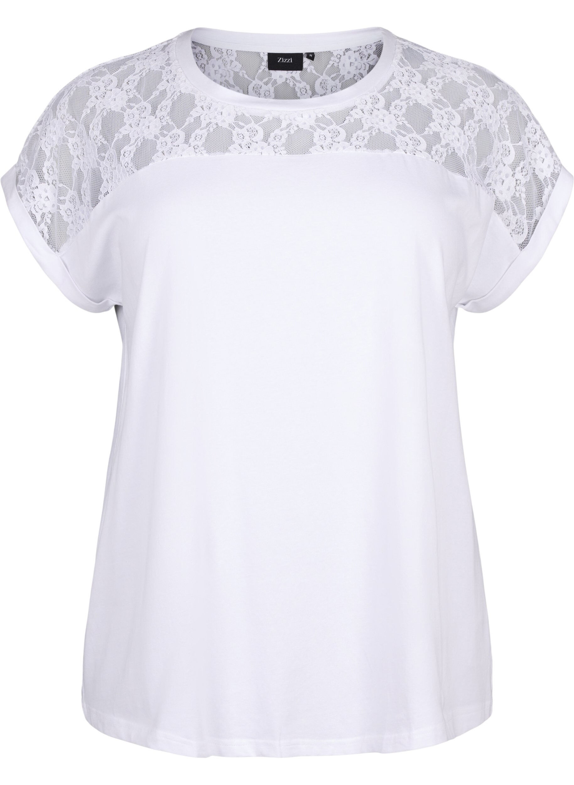 Zizzi Kort&auml;rmad t-shirt av bomull med spets, Bright White, Packshot image number 0