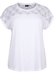 Kortärmad t-shirt av bomull med spets, Bright White