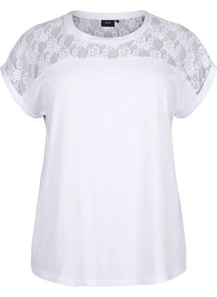 Kortärmad t-shirt av bomull med spets, Bright White, Packshot image number 0