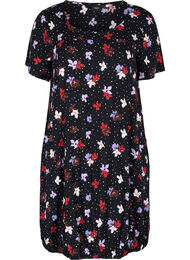 Kortärmad viskosklänning med mönster, Black Dot Flower