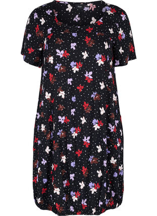 Kortärmad viskosklänning med mönster, Black Dot Flower, Packshot image number 0
