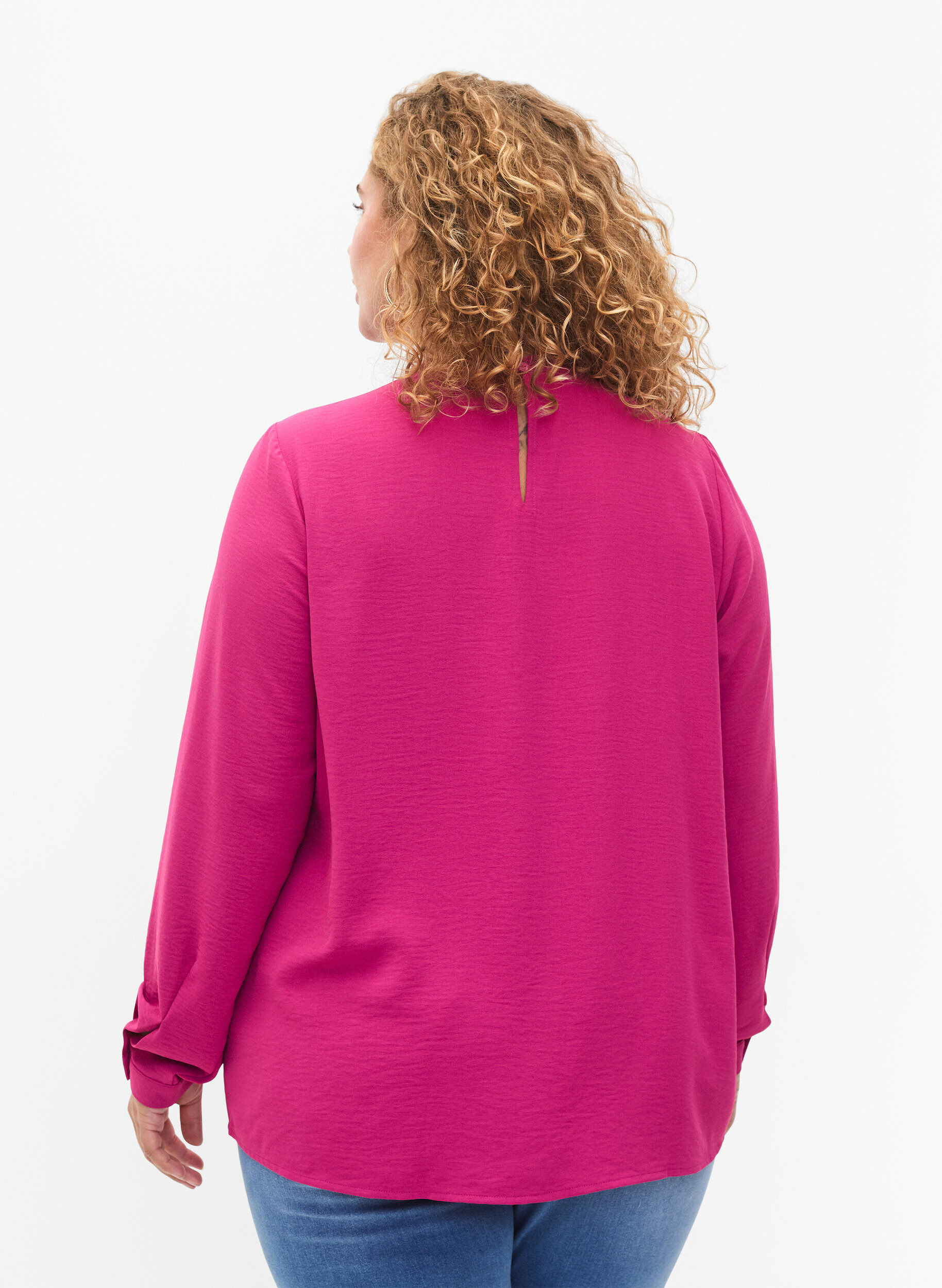 Zizzi L&aring;ng&auml;rmad blus med spetsdetaljer, Festival Fuchsia, Model image number 1