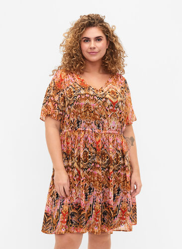 V-ringad kort klänning med tryck, Colorful Ethnic, Model image number 0