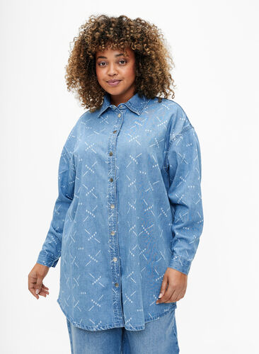 Jeansjacka med mönster och lös passform, Light blue denim, Model image number 0