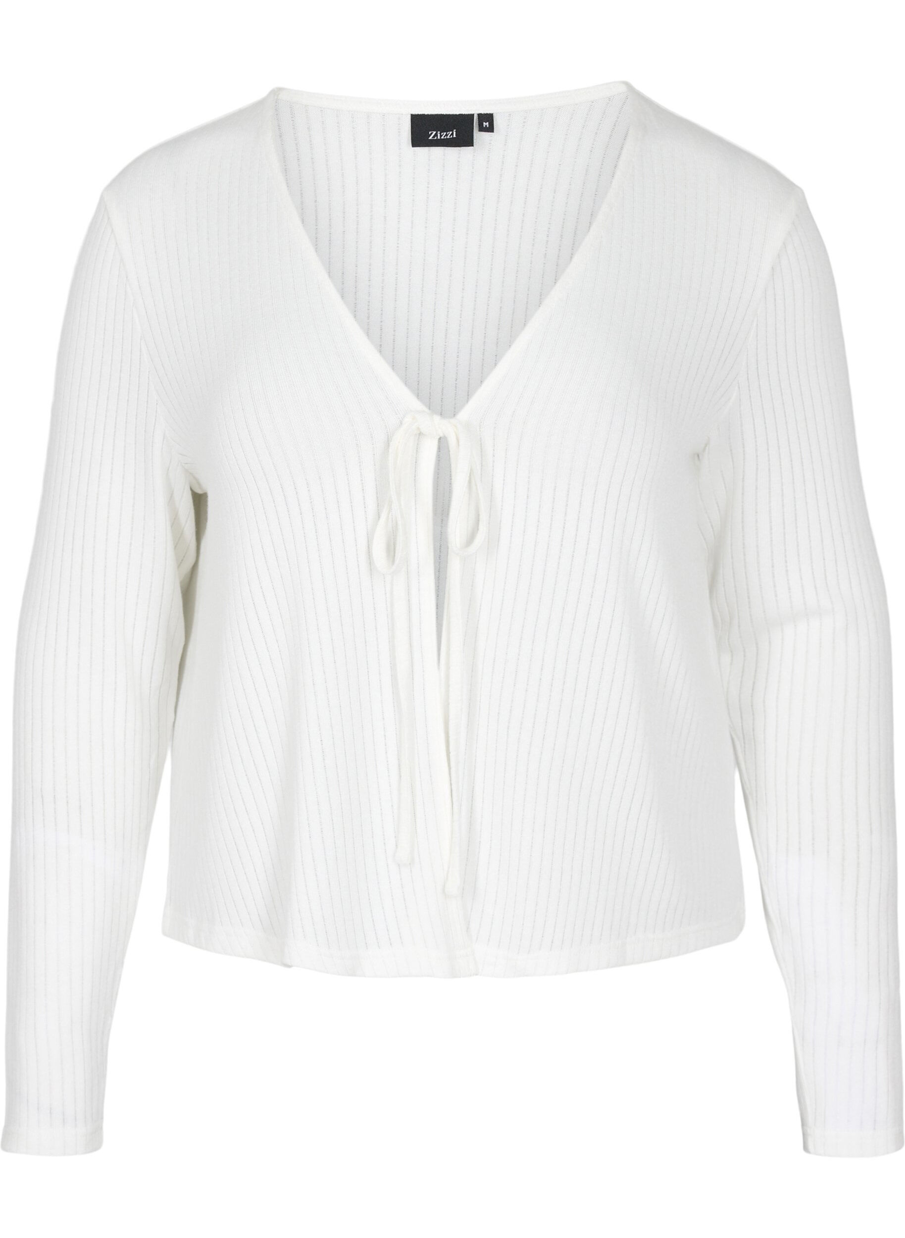 Zizzi Ribbstickad cardigan med sn&ouml;rning, White, Packshot image number 0