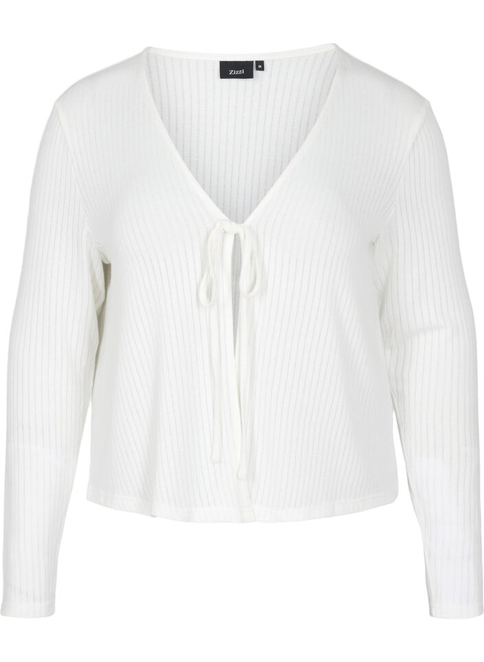 Ribbstickad cardigan med snörning, White, Packshot image number 0