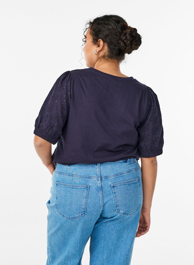 T-shirt med Broderie Anglaise-&auml;rmar, Bl&aring;, Model image number 2