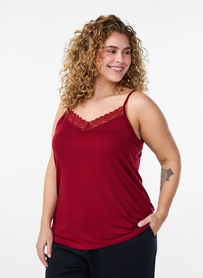 Topp med spetsdetalj och spaghettiband, Brun, Model image number 0