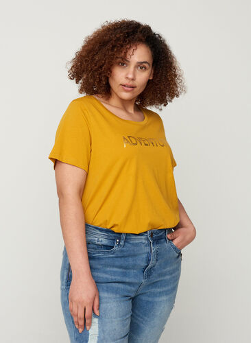 A-linjeformad t-shirt i bomull med tryck, Harvest Gold, Model image number 0