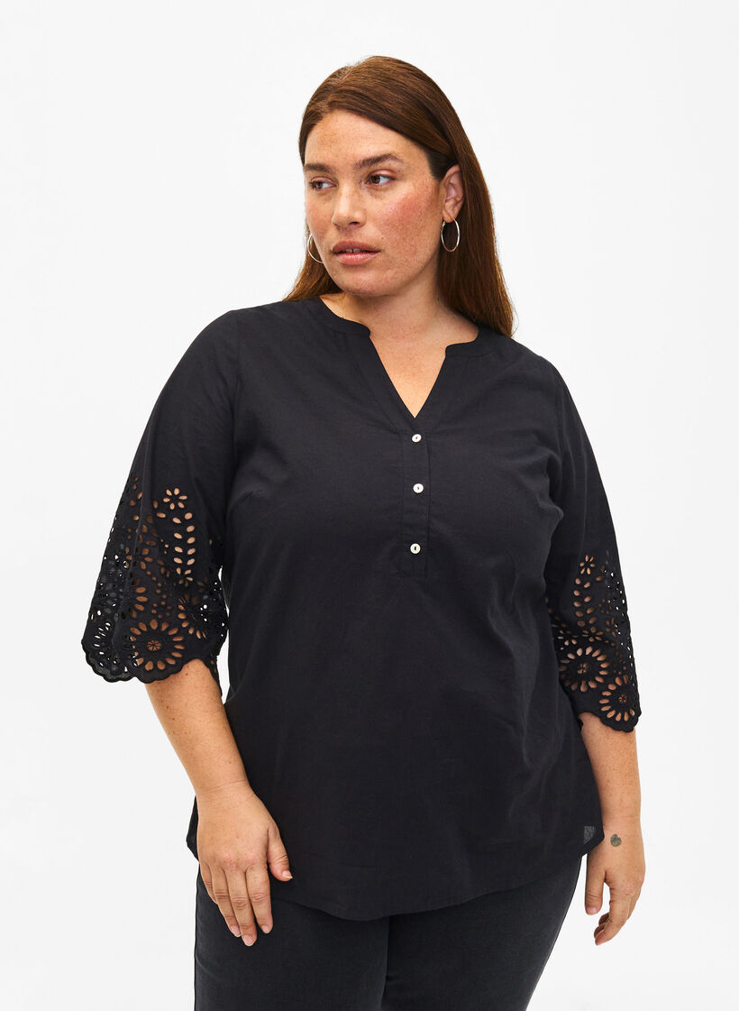 Skjortblus med broderie anglaise och 3/4-&auml;rmar, Black, Model image number 0