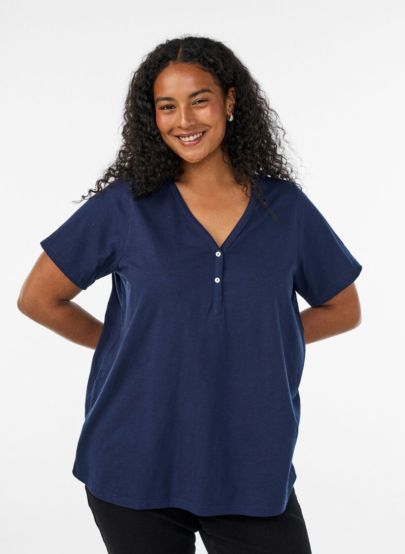 T-shirt med knappdetalj, Bl&aring;, Model image number 0