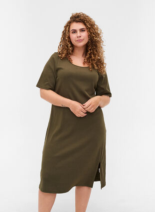 Ribbad klänning med korta ärmar, Ivy Green, Model image number 0