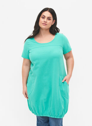 Kortärmad klänning i bomull, Aqua Green, Model image number 0