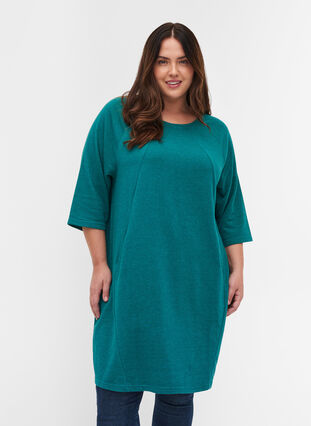 Kampanjvara – Sweatshirtklänning i bomull med fickor och 3/4-ärmar, Teal Green Melange, Model image number 0