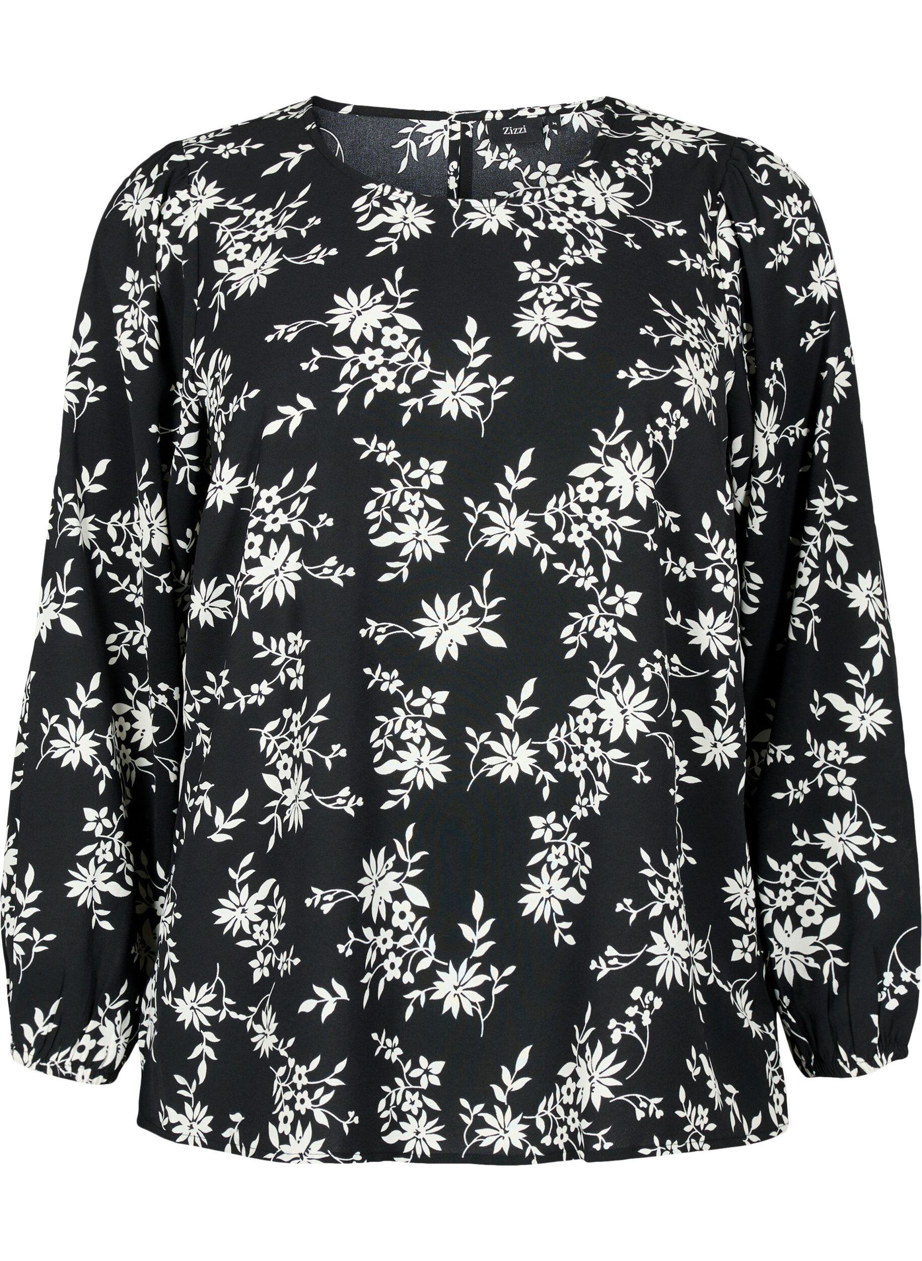 Zizzi Blus med puff&auml;rm, Black Flower AOP, Packshot image number 0