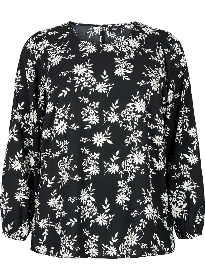 Blus med puff&auml;rm, Black Flower AOP, Packshot image number 0