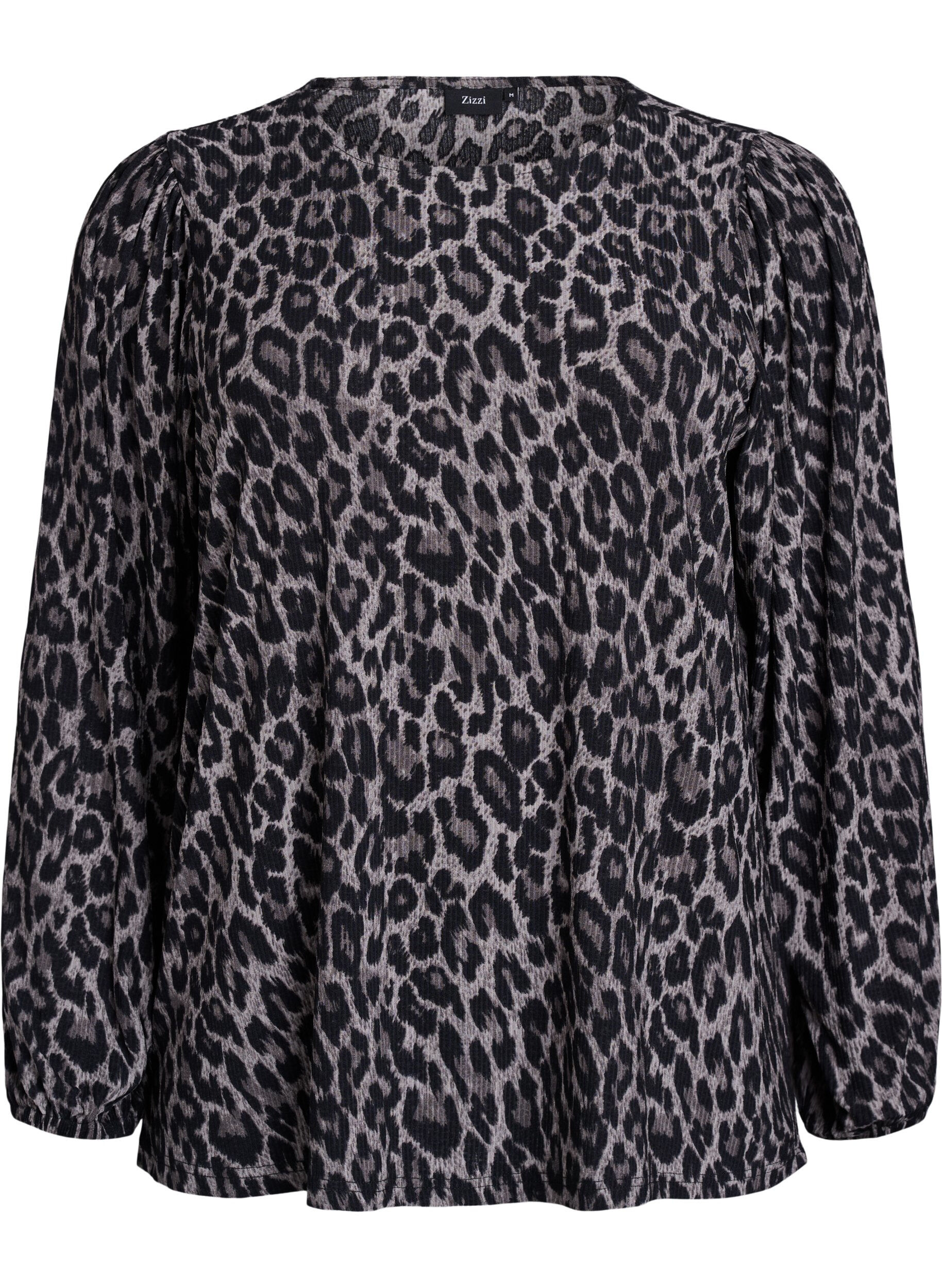 ZizziBlus med l&aring;nga &auml;rmar och leopardm&ouml;nster, Gr&aring;, Packshot image number 0
