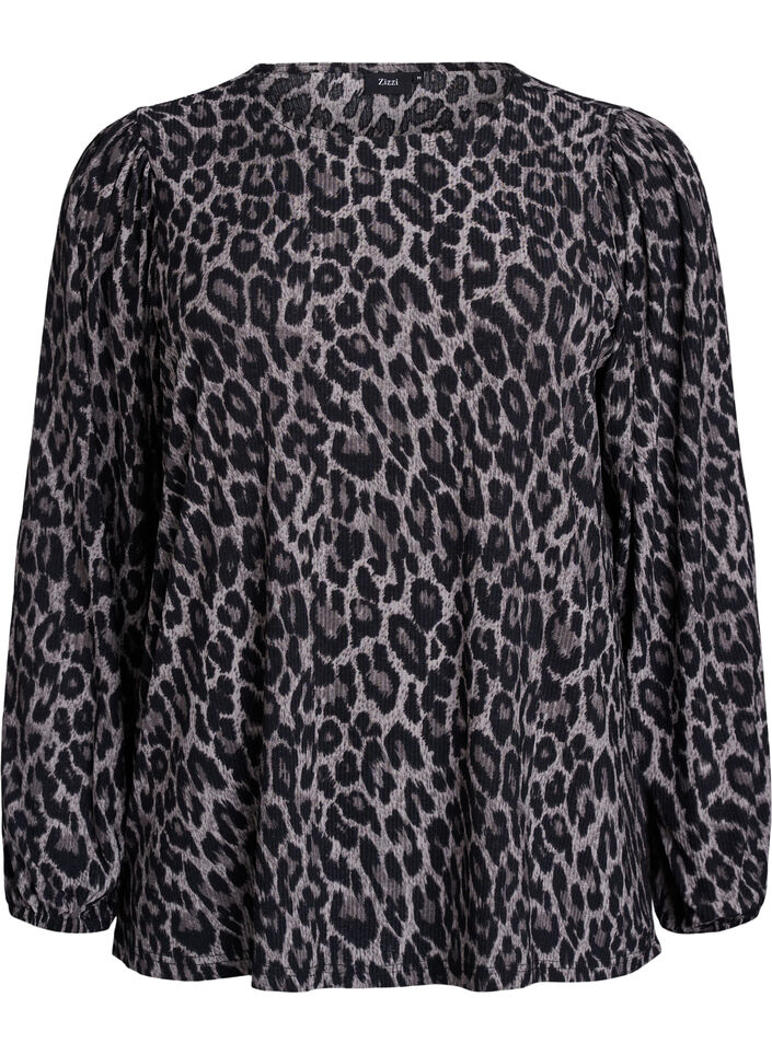 Blus med l&aring;nga &auml;rmar och leopardm&ouml;nster, Gr&aring;, Packshot image number 0