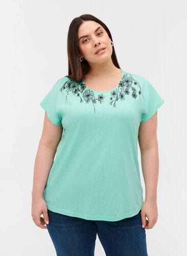 T-shirt i bomull med tryck längst upp, Cabbage FLOWER, Model image number 0
