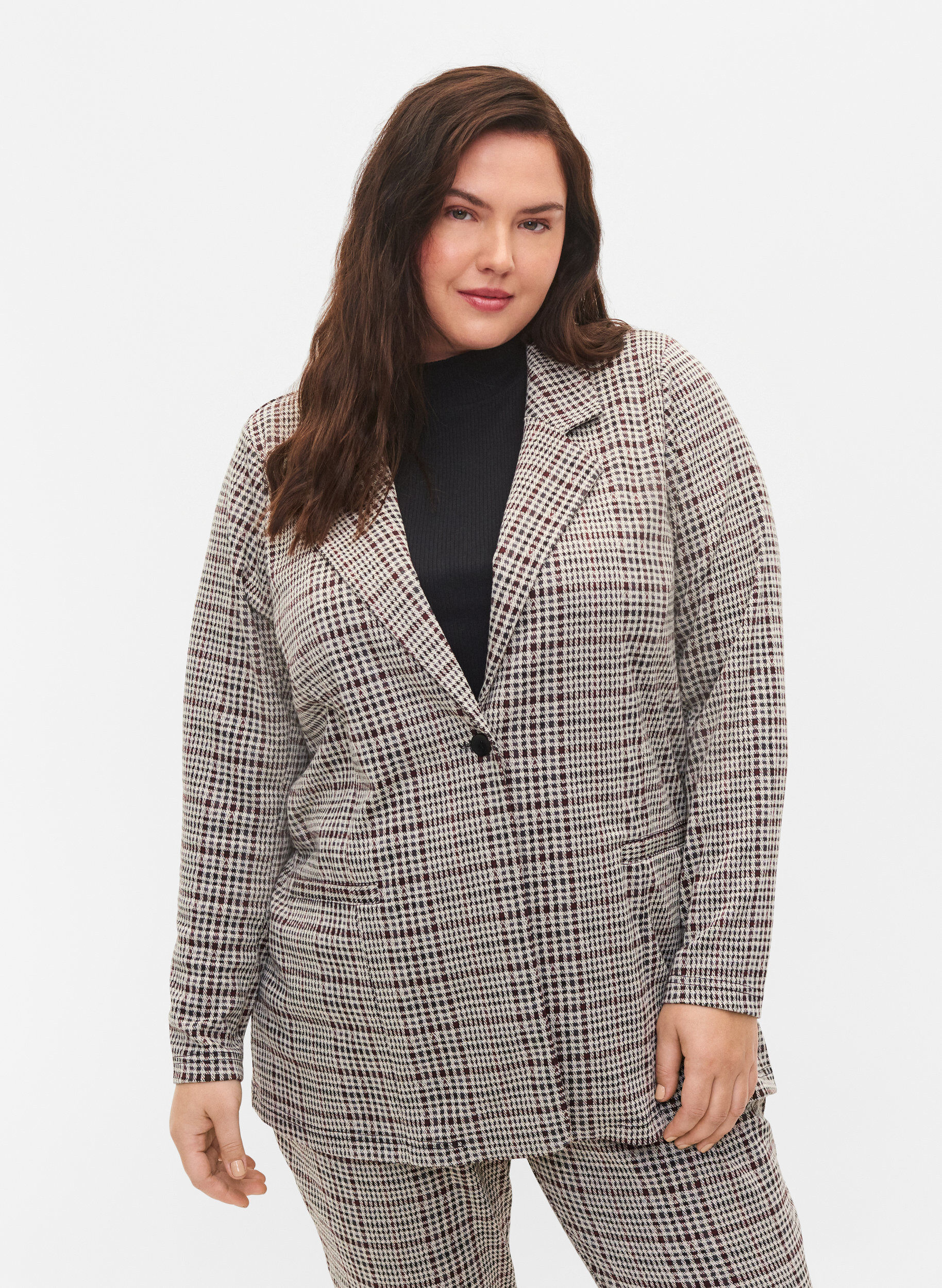 Zizzi Rutig blazer med knapp, Brown Check, Model image number 0
