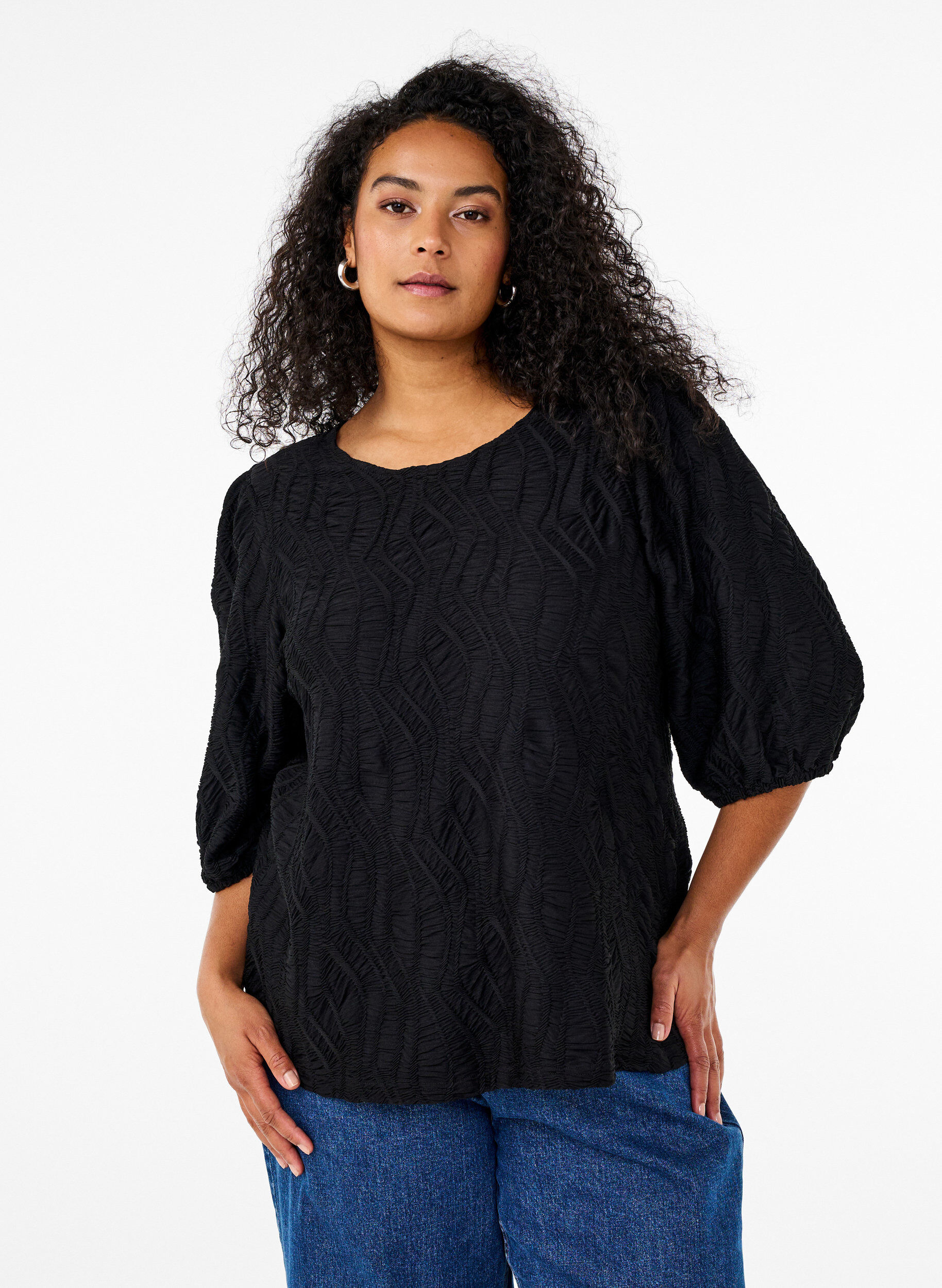 Blus med struktur och 3/4-&auml;rmar, Svart, Model
