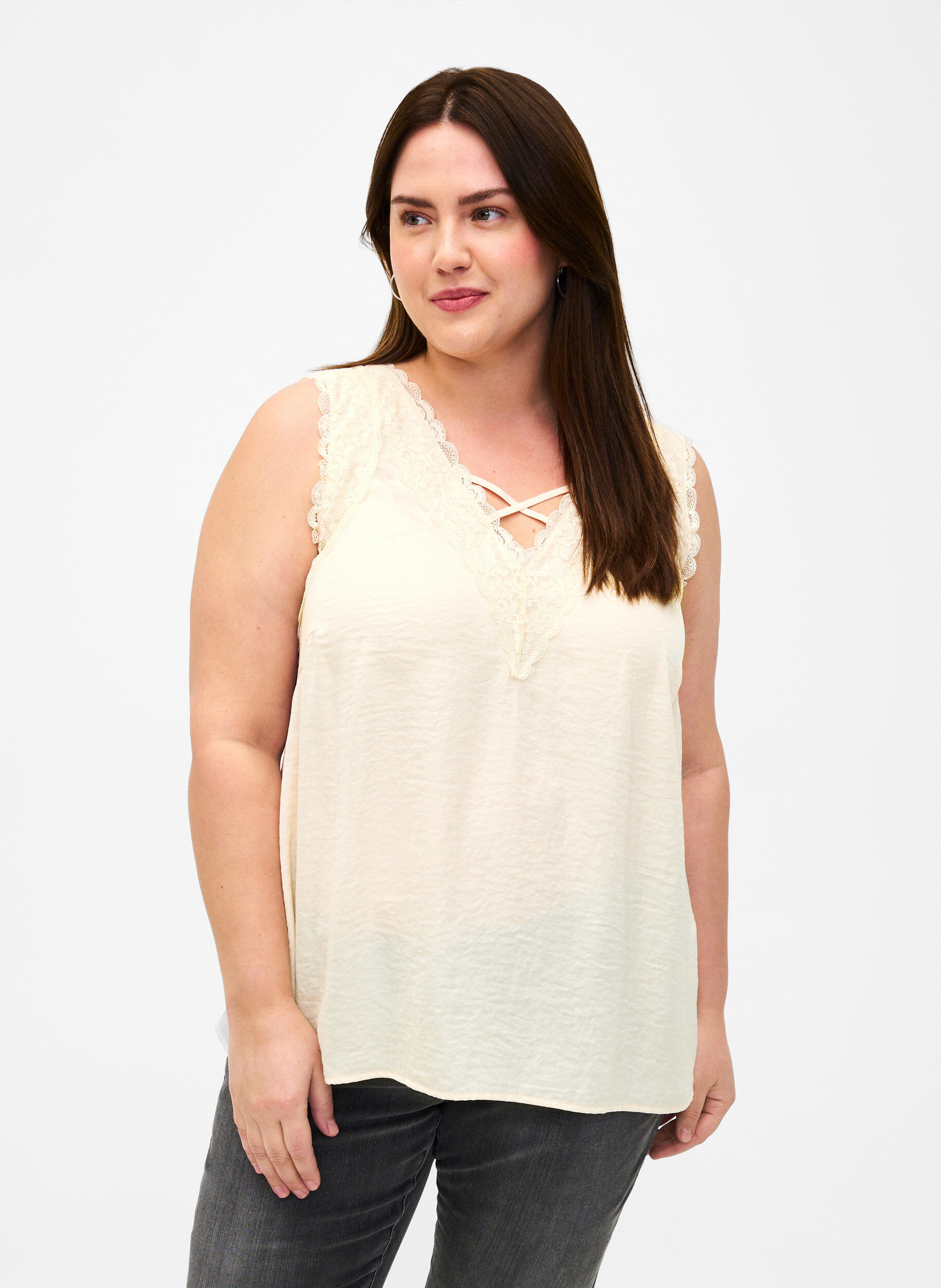 Zizzi Topp med spets och korsdetaljer, White Smoke, Model image number 0