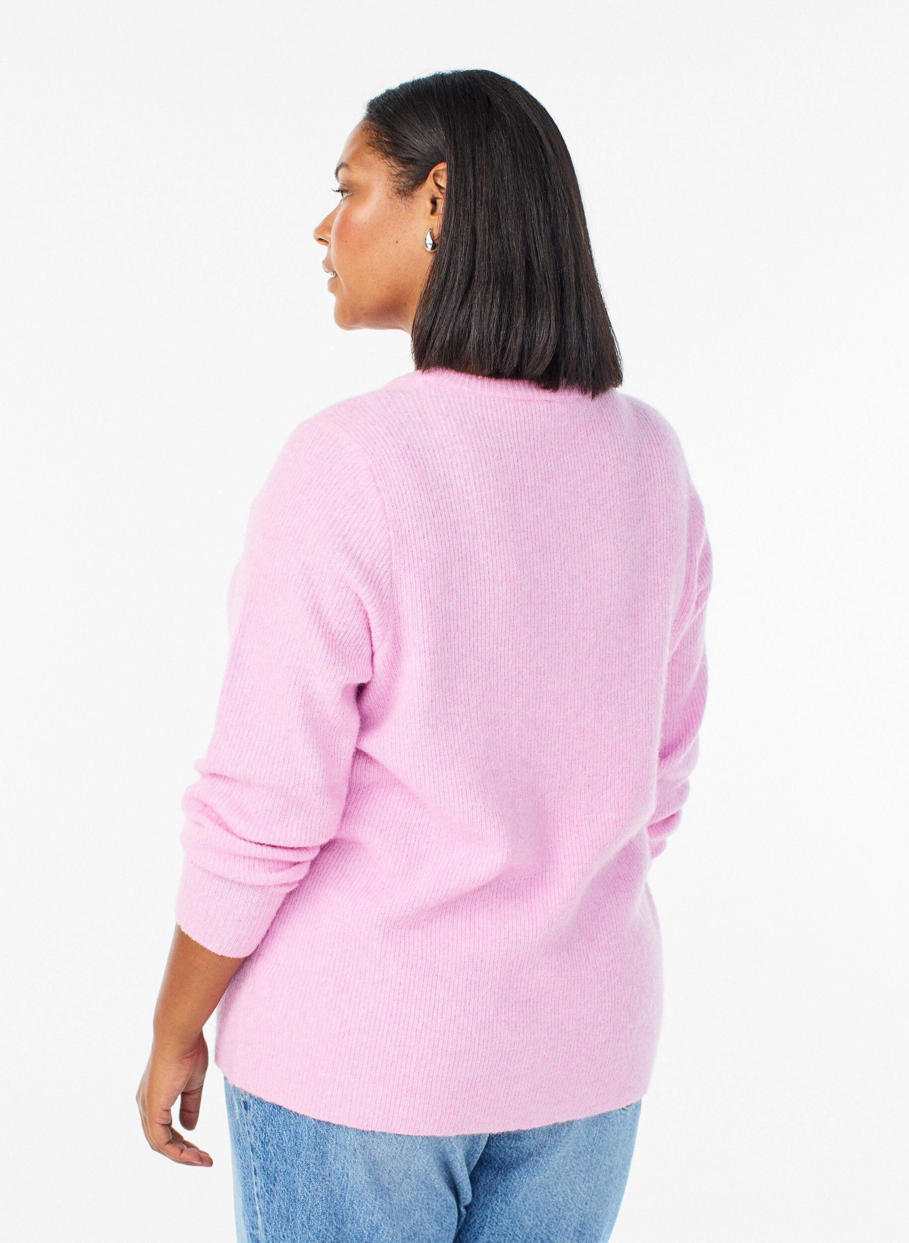 ZizziMelerad stickad blus med rund hals, Rosa, Model image number 2