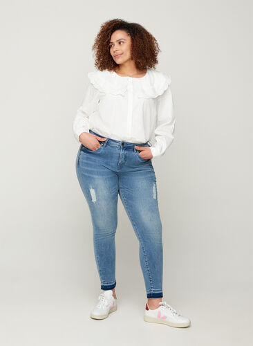 Super slim Amy Jeans med slits, Blue denim, Model image number 0