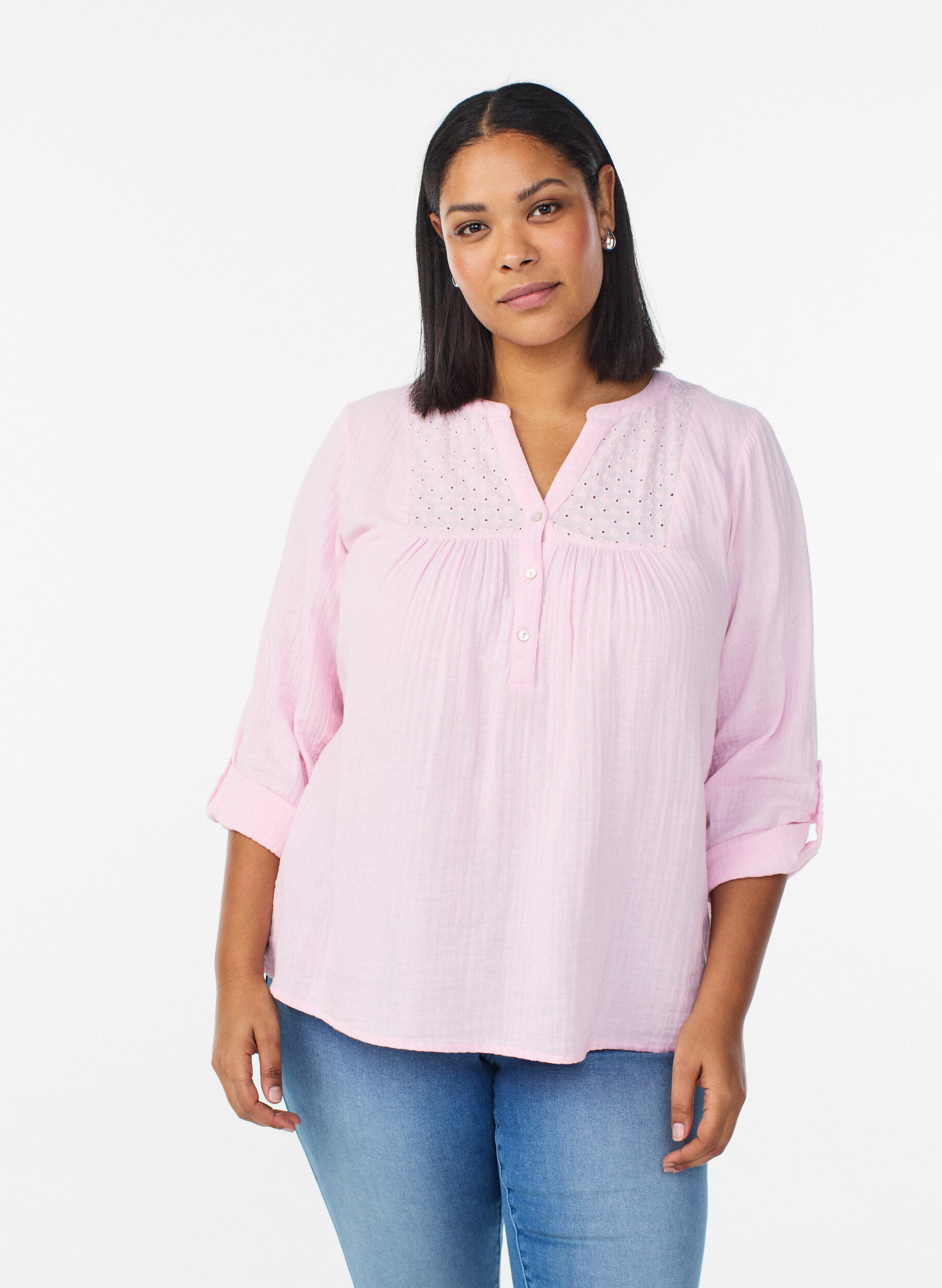 Zizzi Blus i bomullsmuslin med broderie anglaise, Rosa, Model image number 0