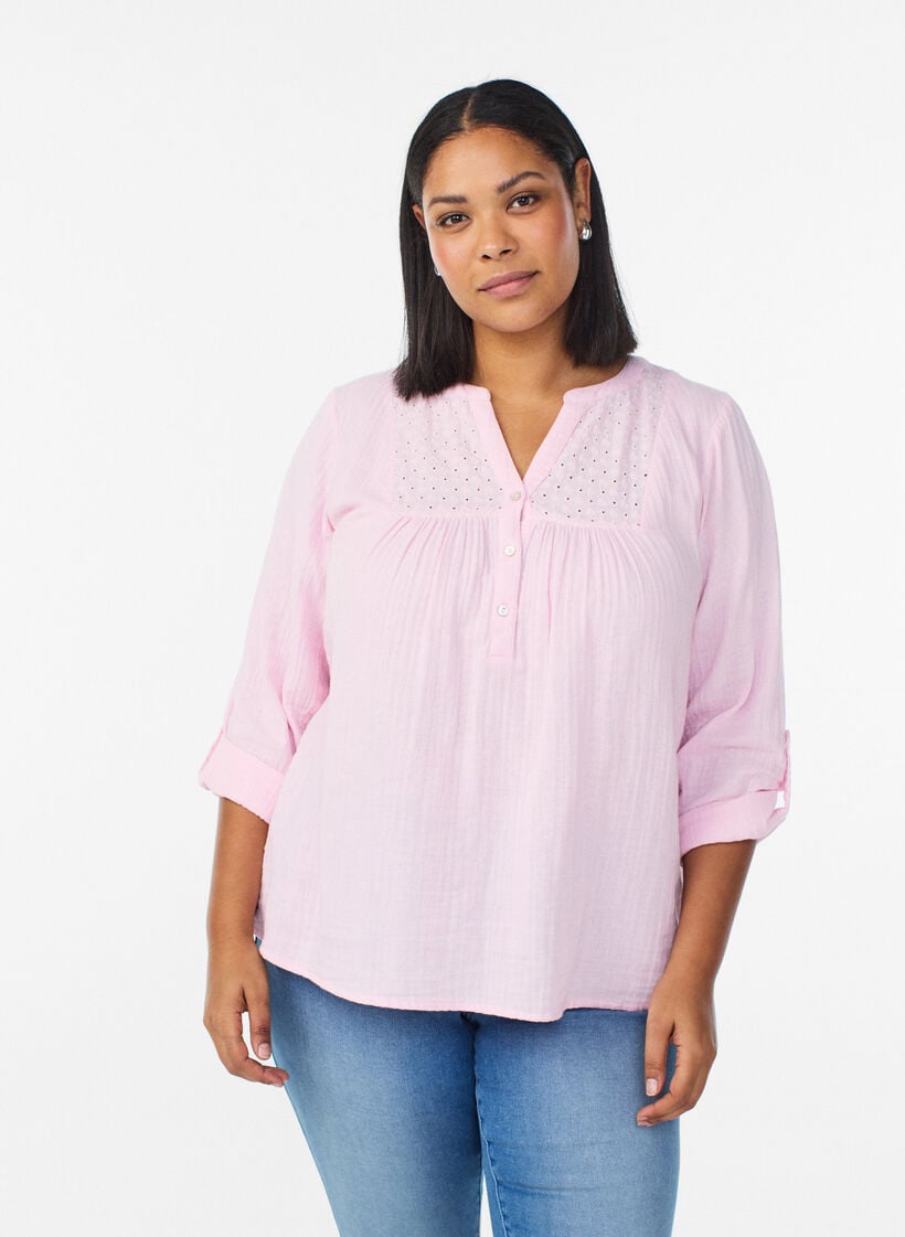 Blus i bomullsmuslin med broderie anglaise, Rosa, Model image number 0