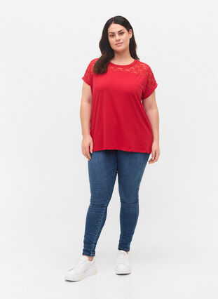 Kortärmad t-shirt av bomull med spets, Tango Red, Model image number 2
