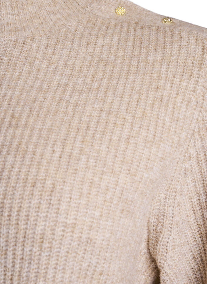 Ribbstickad tr&ouml;ja med puff&auml;rmar och knappar, Beige, Packshot image number 2