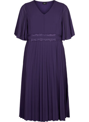 Plisserad klänning med korta ärmar, Purple Velvet, Packshot image number 0