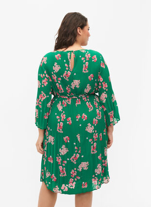 Mönstrad plisserad klänning med knytband, Jolly Green Flower, Model image number 1