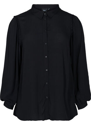 Långärmad skjorta i viskos med volangdetalj, Black, Packshot image number 0