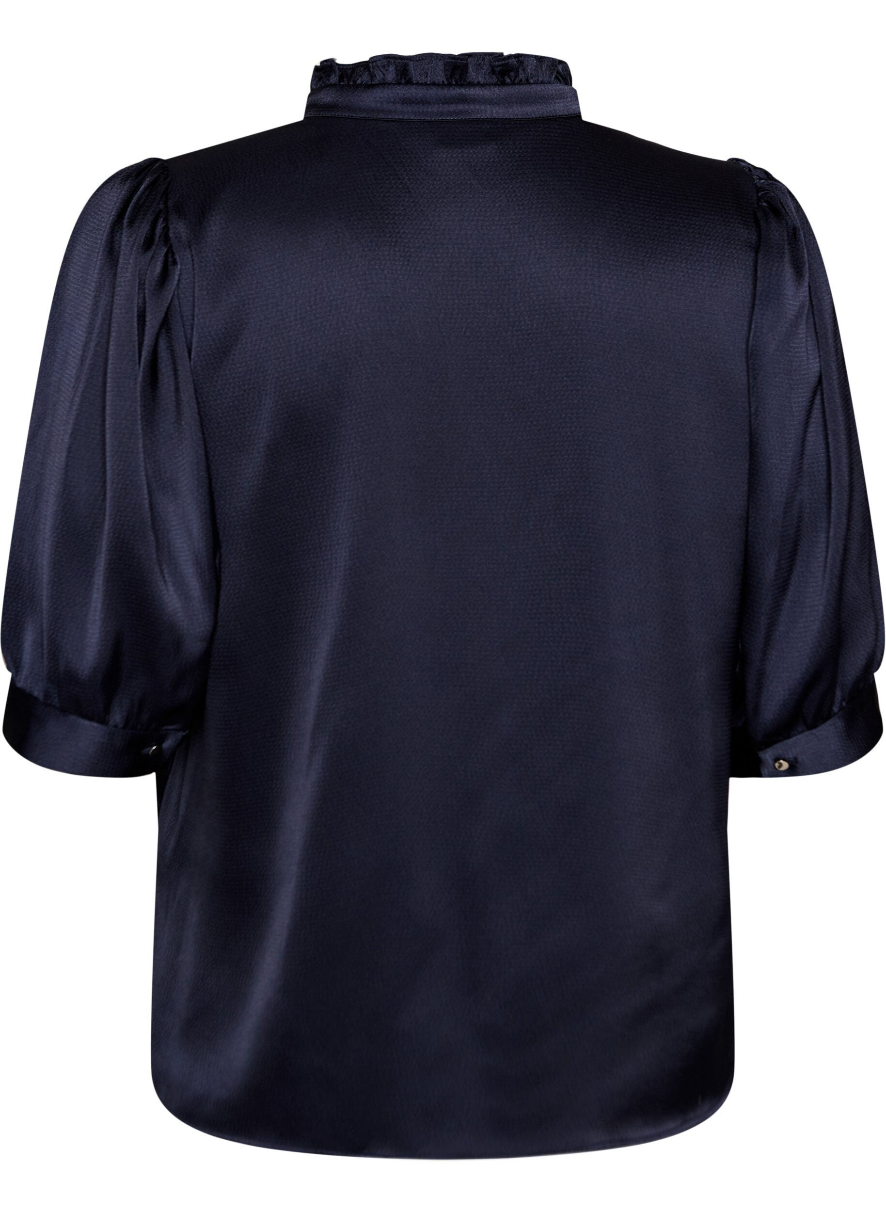 ZizziBlus i satinlook med halvl&aring;nga &auml;rmar och volangkrage, Bl&aring;, Packshot image number 1