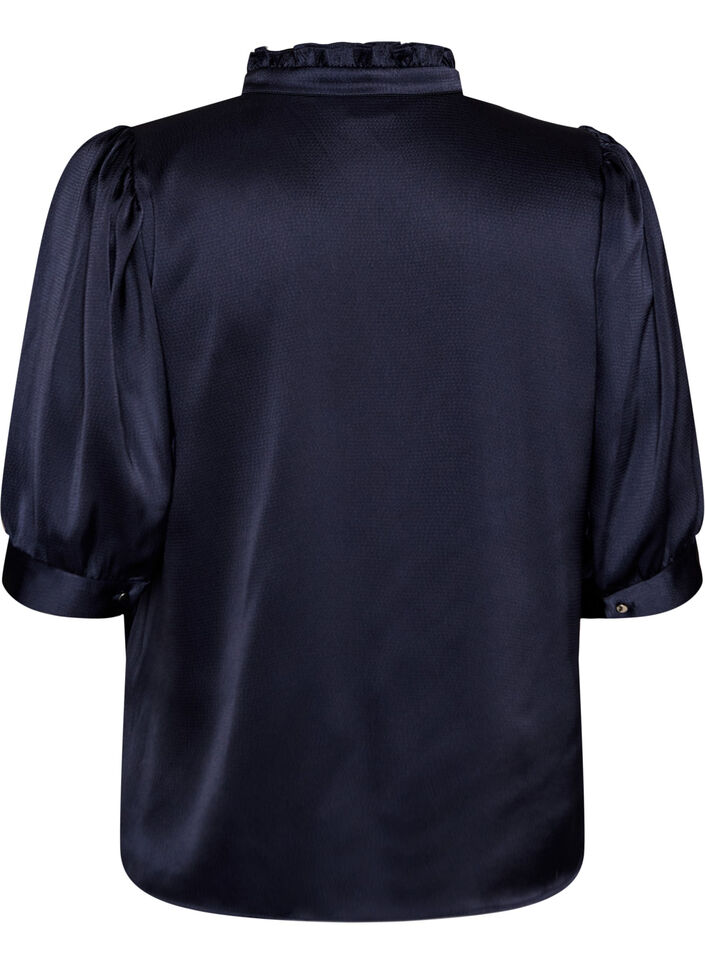 Blus i satinlook med halvl&aring;nga &auml;rmar och volangkrage, Bl&aring;, Packshot image number 1