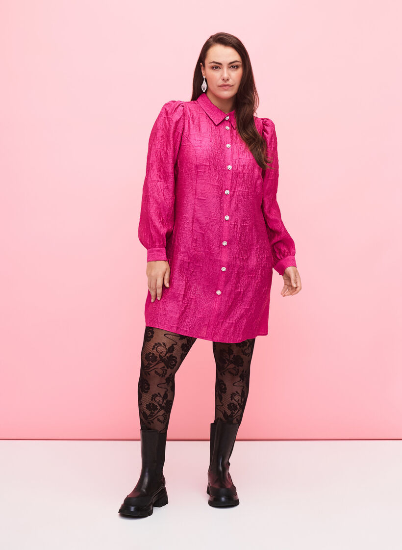 Skjortklänning med textur och pärlknappar, Cactus Flower, Model image number 3