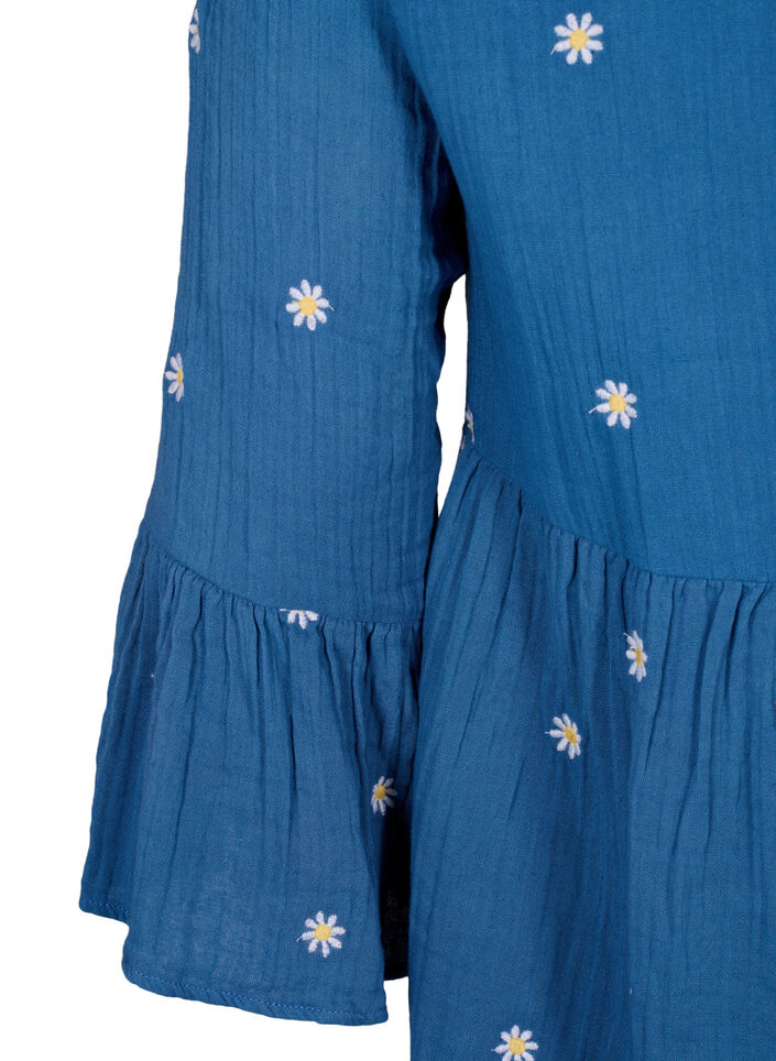 Klänning i mjuk bomull med broderade blommor, Blue Horizon Daisy, Packshot image number 3