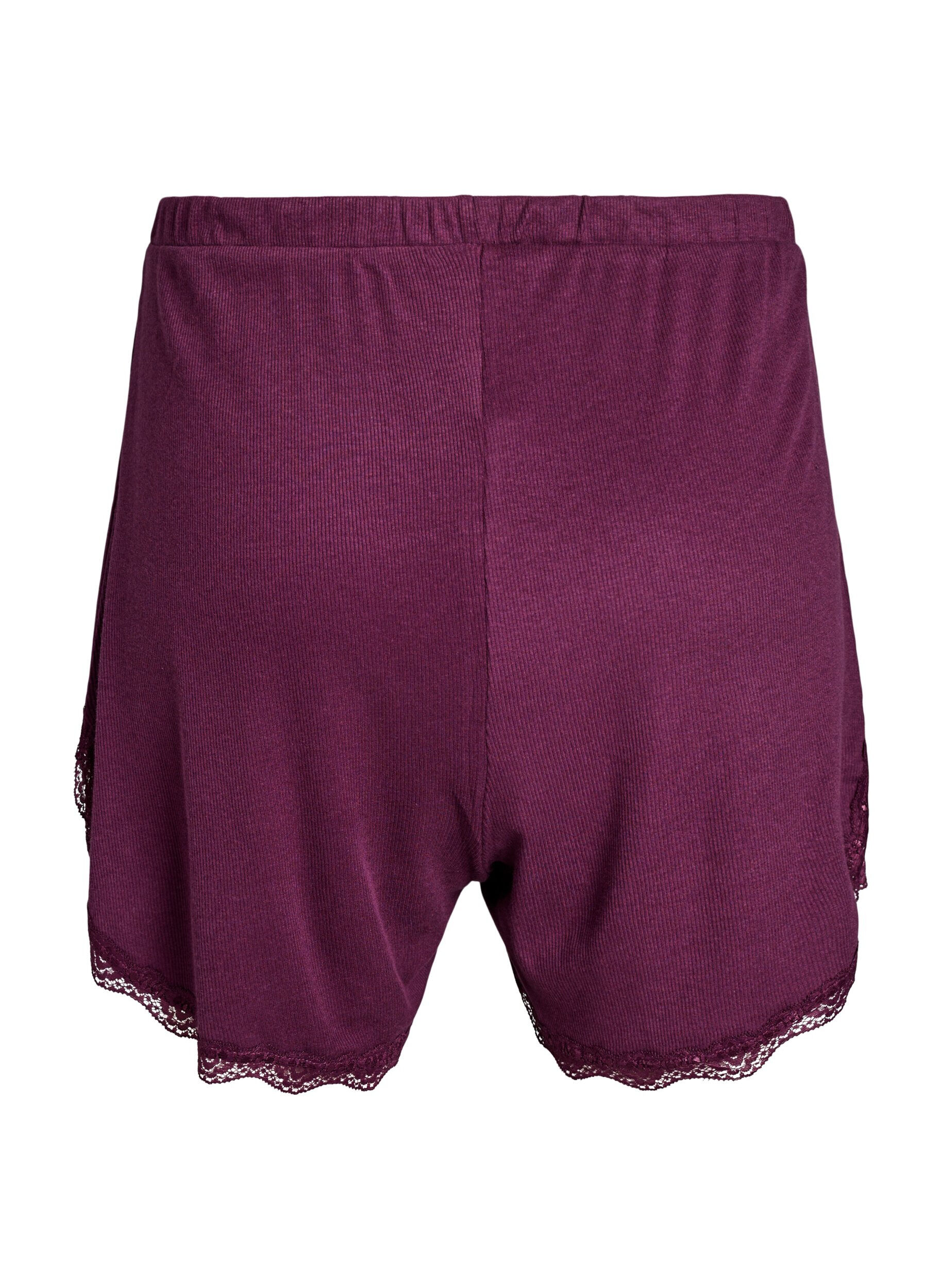 Zizzi L&ouml;sa nattshorts med ribbstickad textur och spetskant, M&ouml;rk Bordeaux, Packshot image number 1