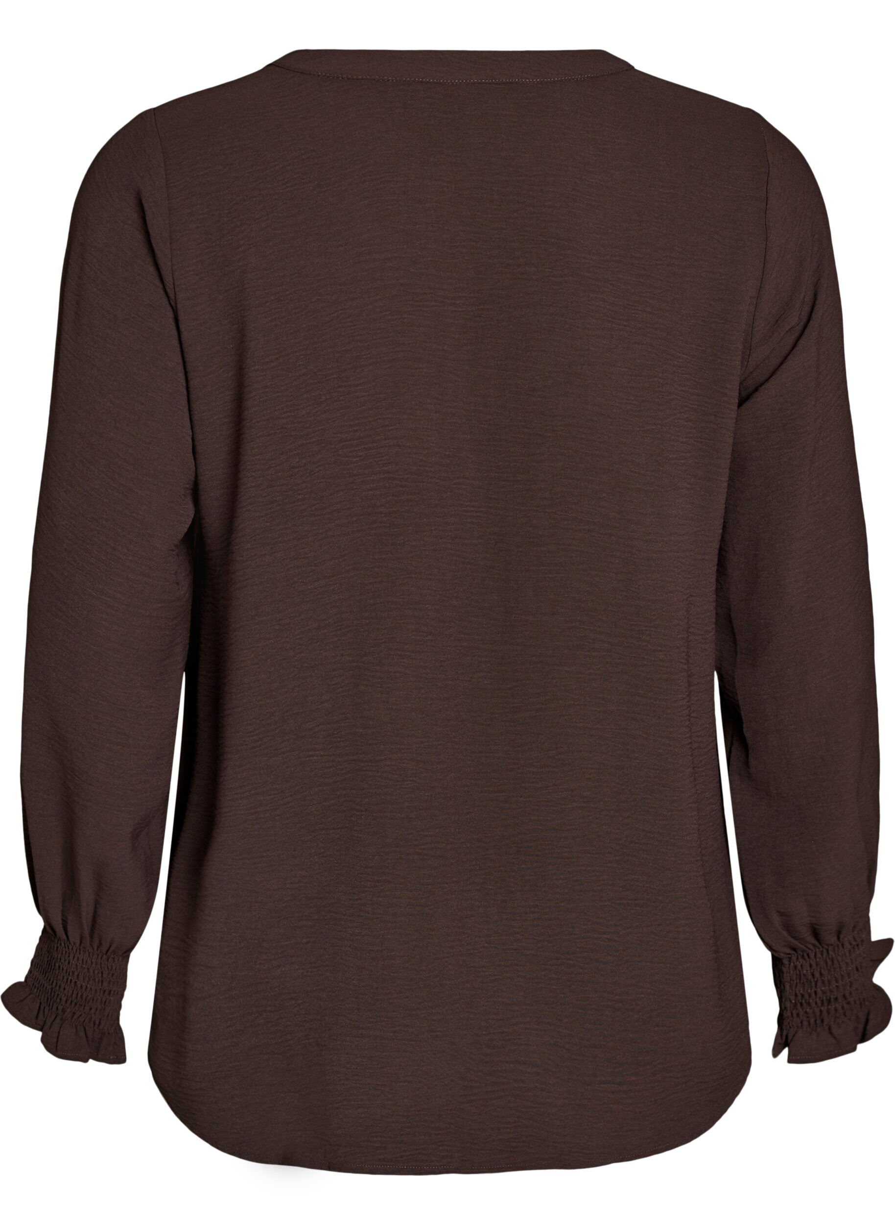 Zizzi Blus med smockade manschetter och v-ringning, Brun, Packshot image number 1