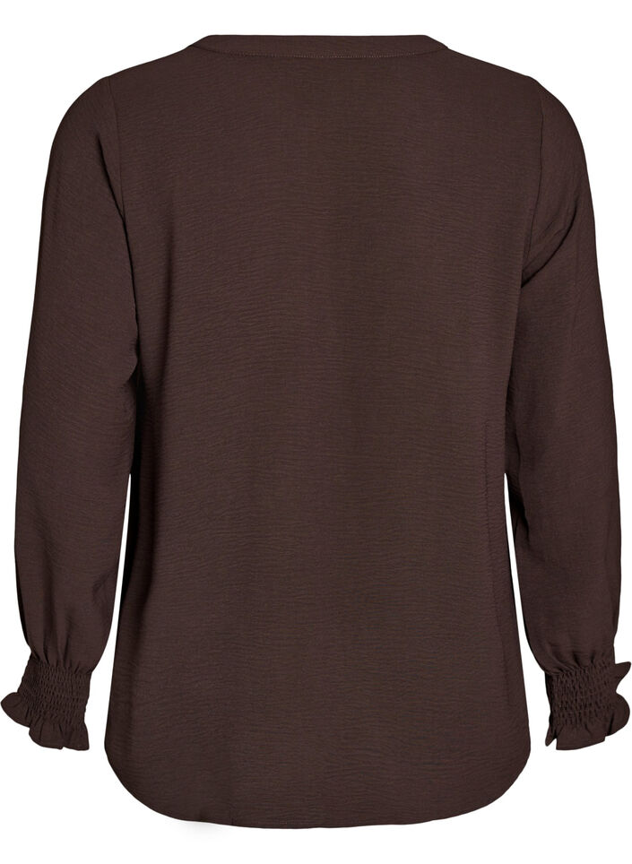 Blus med smockade manschetter och v-ringning, Brun, Packshot image number 1