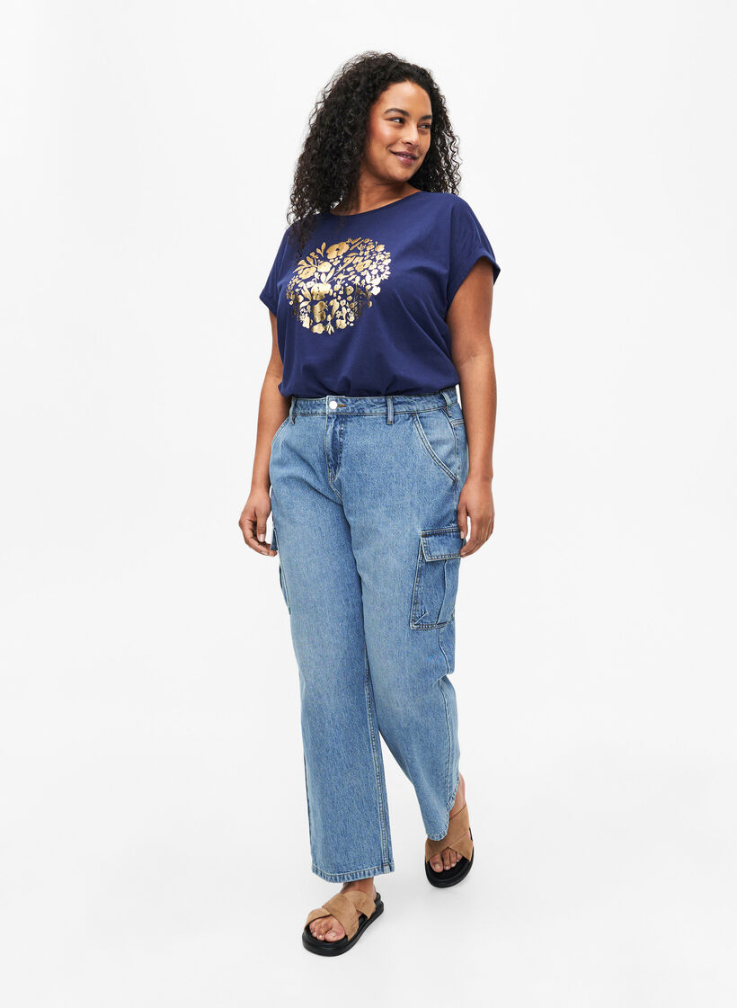 T-shirt i ekologisk bomull med guldtryck, Med.Blue Gold Flower, Model image number 2