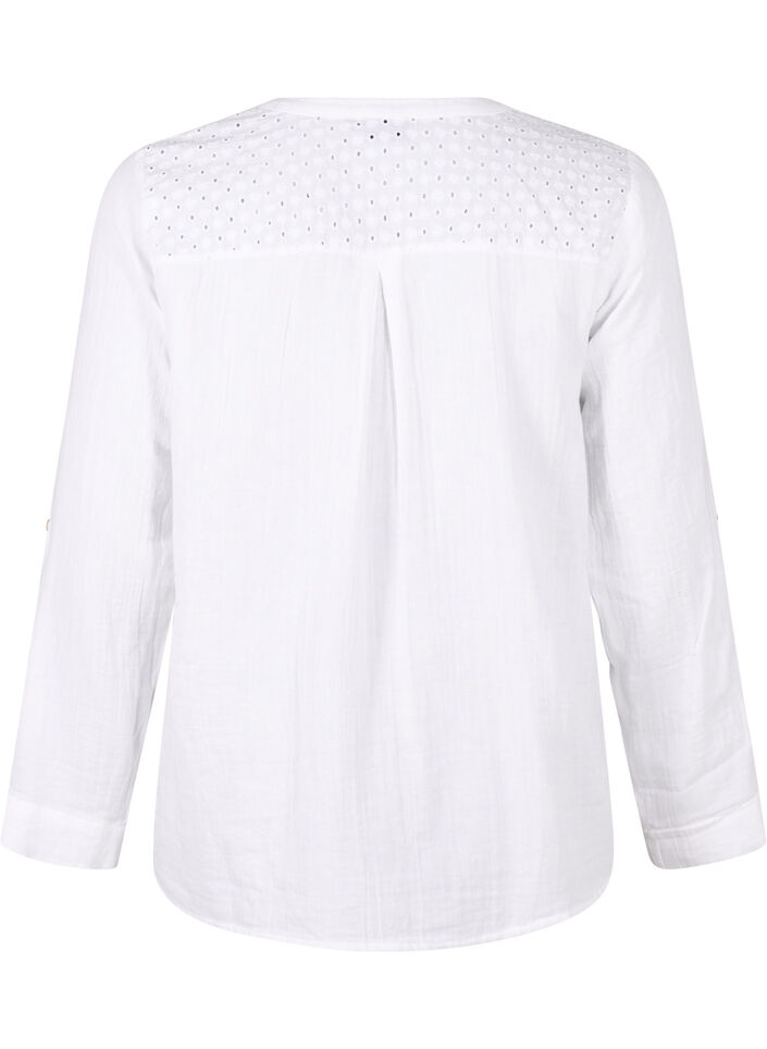 Bomullsblus med broderie anglaise och trekvartsärm, Bright White, Packshot image number 1