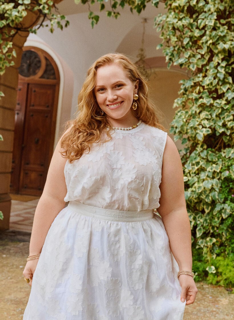 &Auml;rml&ouml;s topp i jacquard med blommig textur, Vanilla, Image