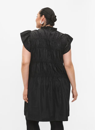 Klänning med volanger och elastiska snitt, Black, Model image number 1
