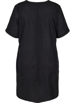 Kortärmad klänning i bomullsmix med linne, Black, Packshot image number 1