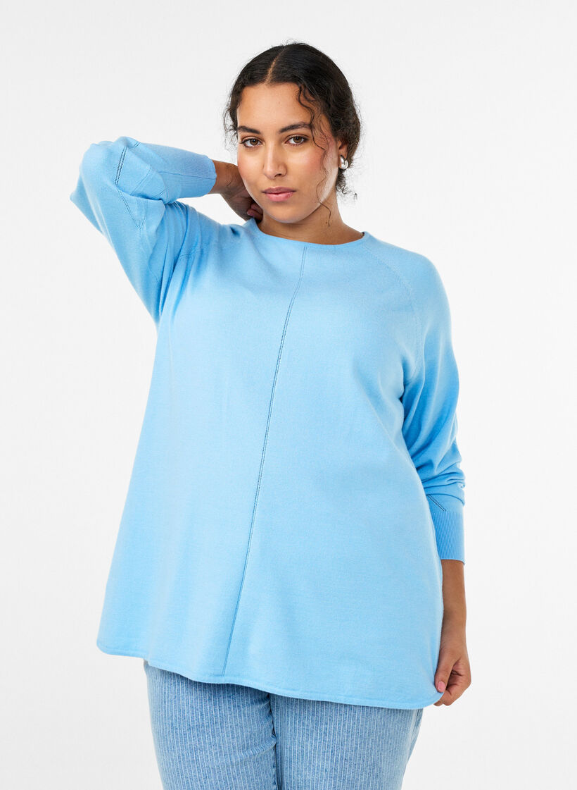 Stickad blus med rund hals och stickat m&ouml;nster, Bl&aring;, Model image number 0