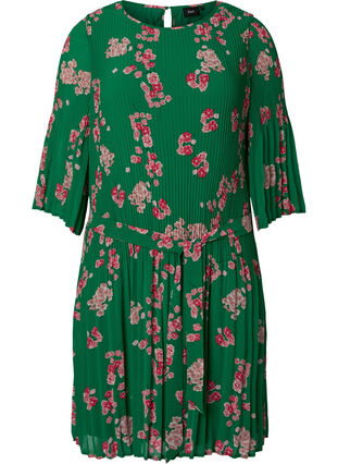 Mönstrad plisserad klänning med knytband, Jolly Green Flower, Packshot image number 0