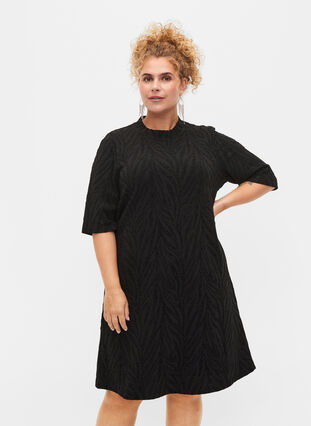 Mönstrad klänning med glitter och korta ärmar, Black/Black Lurex, Model image number 0